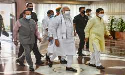 Prime Minister Narendra Modi with Union Ministers arrive to